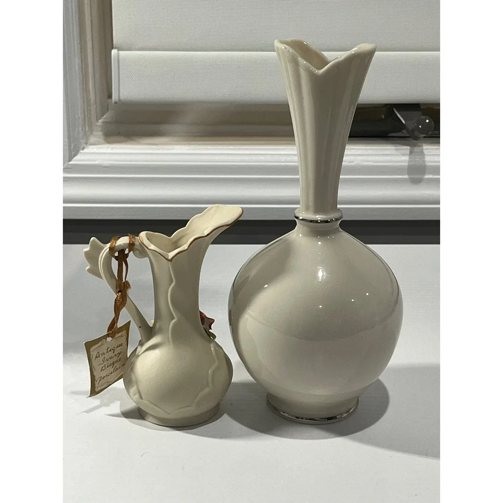 Vintage Lenox Bud Vase and Arnart Miniature Porcelain Pitcher Set Ivory Floral